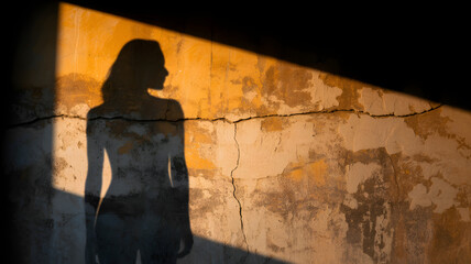 Silhouette of a Woman Cast on an Urban Wall in Sunset Light