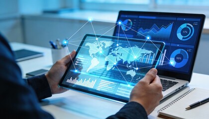 Analyzing global business data on a tablet and laptop with digital network connections