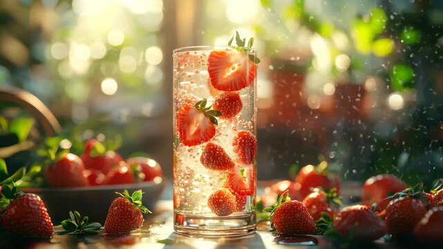 Fresh strawberries float in sparkling drink on sunny day in garden setting with soft light