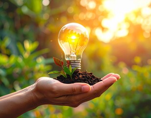 Light bulb in hand with a plant 
