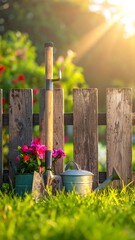 Gardening tools & flowerpot nestled in grass against a picket fence, bathed in warm sunlight