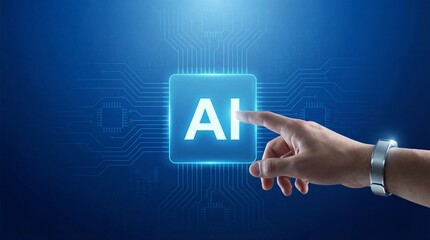 Human hand touching glowing AI artificial intelligence icon on digital circuit network background