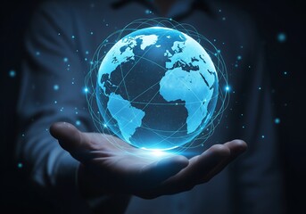 Businessman Holding a Glowing Digital Globe with Network Connections, Global Technology and Connectivity Concept