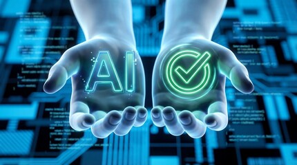Human hands holding glowing AI artificial intelligence icons with digital checkmark symbol representing technology innovation