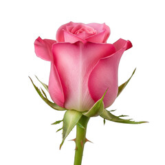 Beautiful pink rose with delicate petals and green stem on transparent background
