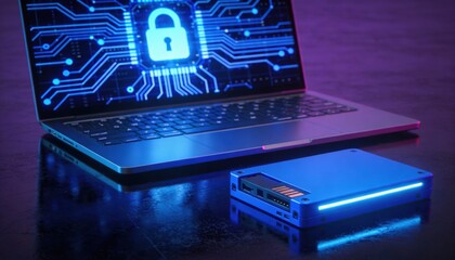 Laptop screen displays digital padlock and circuit board, external SSD nearby