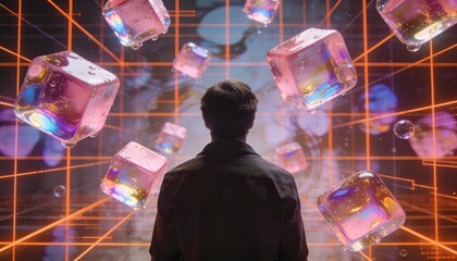 Man gazes at floating iridescent cubes in a digital grid environment