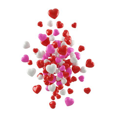 A massive celebratory cascade of glossy red pink and white three dimensional heart shapes flying upwards on transparent background