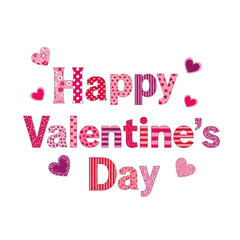 Festive bright pink and red patterned letters spelling out happy valentine's day with small decorative hearts on transparent background