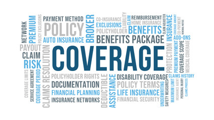 Fototapeta premium Coverage Word Cloud Coverage, Insurance Policy Benefits Typography White Background