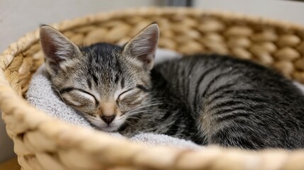 Small kitten sleeping peacefully in a woven basket. the kitten is gray and black striped and is curled up in a white blanket. its eyes are closed and its head is resting on its front paws.