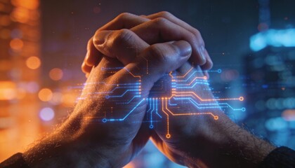 Close-up of hands clasped together with futuristic digital circuit overlay in a city at night