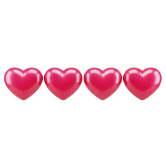 Four shiny red hearts lined up in a row on transparent background