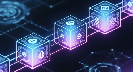 Decentralized Finance (DeFi) Blockchain Technology Network, Digital Cubes Connected, Futuristic Tech Concept, Cryptocurrency Data
