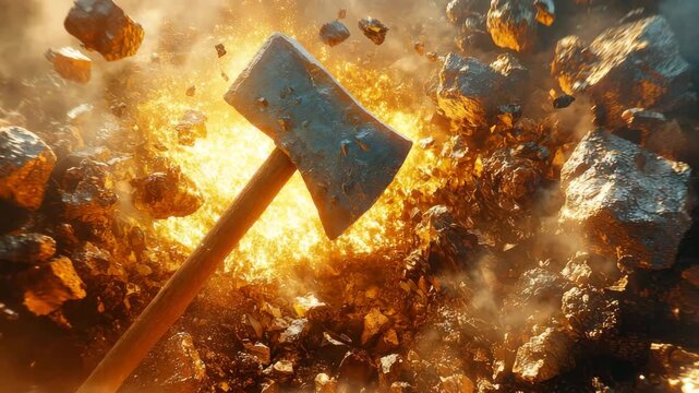 Exploring the power of an axe striking rock in a dynamic explosion at a mining site during the golden hour