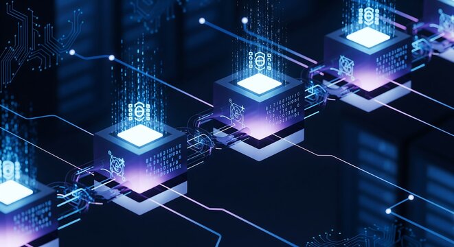 Abstract Digital Blocks Connected in Network, Futuristic Technology Concept, Blue Neon Lights, Data Flow - Powered by Adobe