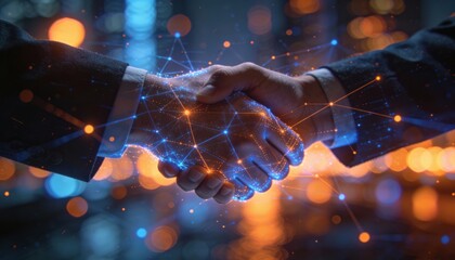 Business handshake with digital network overlay and bokeh city lights background