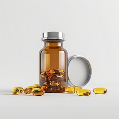 ultra realistic product photo of a vitamin supplement bottle with capsules spilled slightly