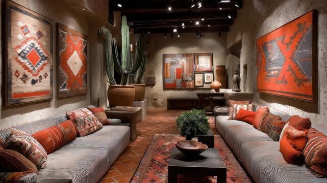 A rustic interior features seating, art, a large cactus, and a rug with a warm, inviting ambiance