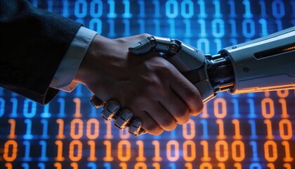Human and robot handshake symbolizes partnership and technological advancement