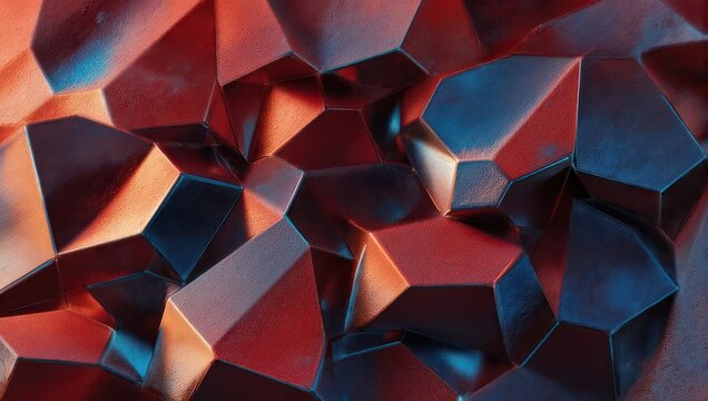 Abstract textured surface of interconnected geometric facets, rendered in metallic red and blue tones - Powered by Adobe