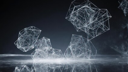 Abstract, geometric, glowing, interconnected structures float against a dark, reflective background