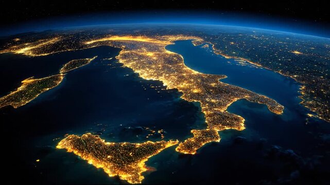 Aerial view of a European nation at night, showing brightly lit urban areas against dark oceans