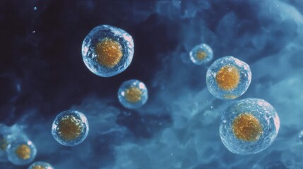 Group of small, round, yellow-colored cells floating in the air. the cells appear to be spherical in shape and have a smooth, shiny surface.