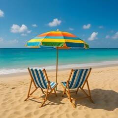 Fototapeta premium beach chairs and umbrella