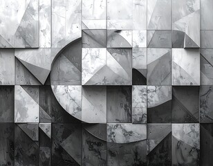Geometric tile design in grayscale with square, triangular, and curved shapes, creating an abstract pattern
