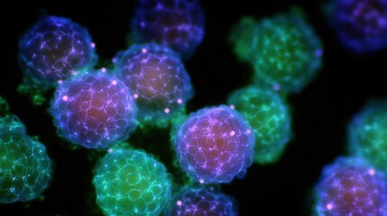 Close-up of a group of small, spherical objects that appear to be glowing in different colors. the objects are arranged in a scattered manner, with some overlapping each other.