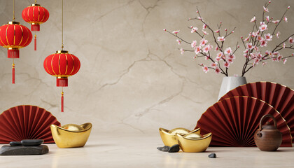 Traditional Asian ornaments and blossoms arranged on a minimalist table with red lanterns hanging above