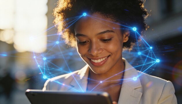 Smiling woman with curly hair using a tablet with a futuristic blue network overlay - Powered by Adobe