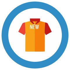 Orange and Red T-Shirt with 'NEW' Tag Displayed Inside Blue Circular Frame for Commercial Purposes
