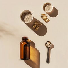 top-view flat lay of a vitamin bottle with capsules, measuring spoon, minimal lifestyle composition