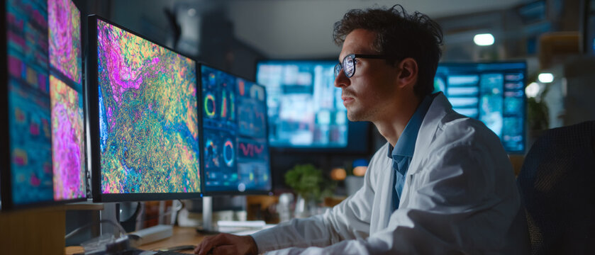 A focused scientist analyzes data on multiple screens in a modern laboratory, showcasing advanced technology and research in the field of science and innovation. - Powered by Adobe