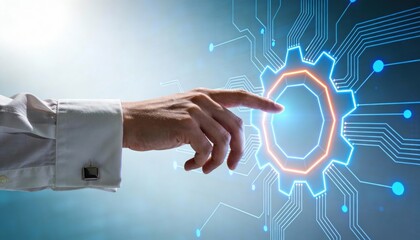 Businessman's hand interacting with a glowing digital gear interface on a circuit board background