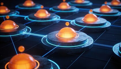 Futuristic interconnected nodes with glowing orange spheres and blue light circuits