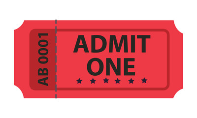 Vintage circus Admit One ticket with serial number. Cinema, carnival, theater ticket icon, isolated on white background. Vector illustration