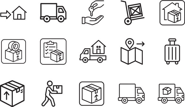 Outline relocation icon set in linear style with editable stroke, ideal for moving, housing, logistics, and UI design.