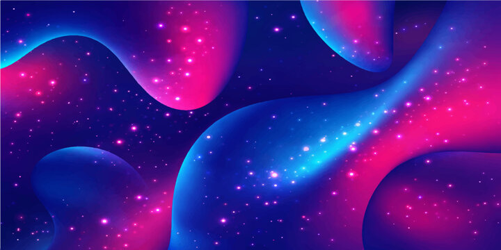 Abstract blue and colorful background with stars creates a glowing galaxy design featuring bright purple light and glitter particles in a dark night sky illustration