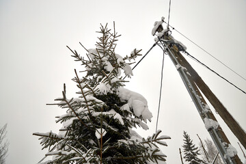 An outdoor electrical meter covered with thick snow stands on a pole in a winter landscape. Snow-laden spruce branches and a brick fence surround the scene, emphasizing cold weather and rural life