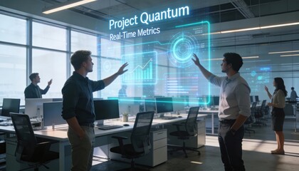 Business professionals interacting with a futuristic holographic display showing project metrics