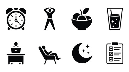Collection of eight black and white representing daily routine and healthy lifestyle symbols alarm clock