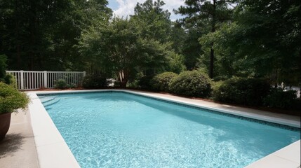 Rectangular swimming pool with a clear blue water in the center. the pool is surrounded by a white fence and there are several potted plants on the left side of the image.