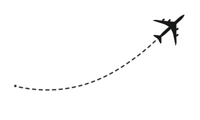 Airplane line path vector icon. Air plane flight route with start point and dash line trace