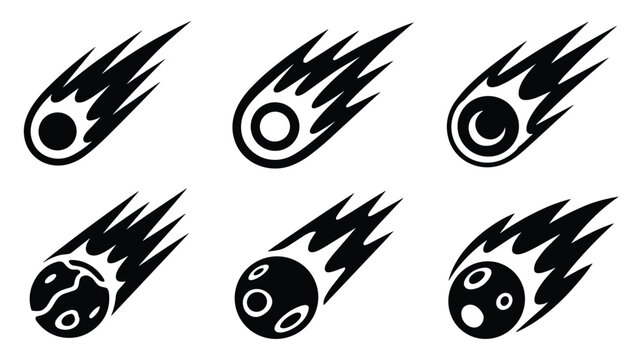 Six black and white depicting comets or meteors in various stages of flight space astronomy celestial