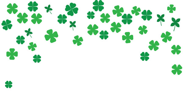 Falling green shamrocks and four-leaf clovers isolated on white background. St. Patrick's Day pattern for Irish holiday banners, greeting cards, luck concepts, and spring nature designs.