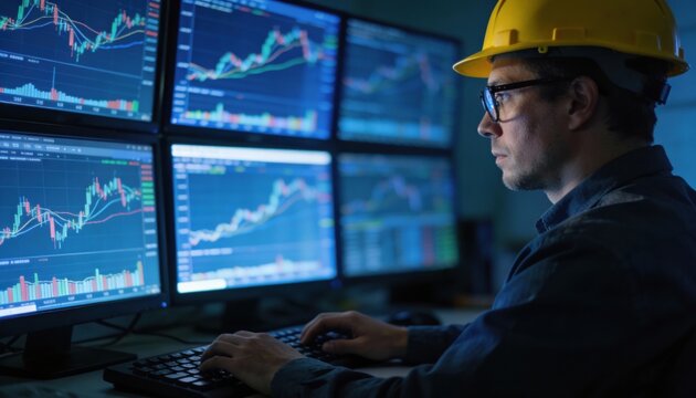 Trader in yellow hard hat analyzing stock market charts on multiple computer screens