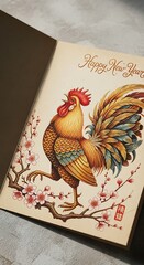 A Vibrant Traditional Chinese New Year Greeting Card Featuring a Majestic Rooster and Plum Blossoms